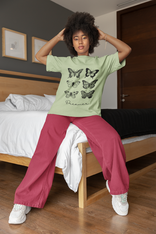 Rainboww Black & Sage Green Butterfly Oversized t-Shirt - Rainboww